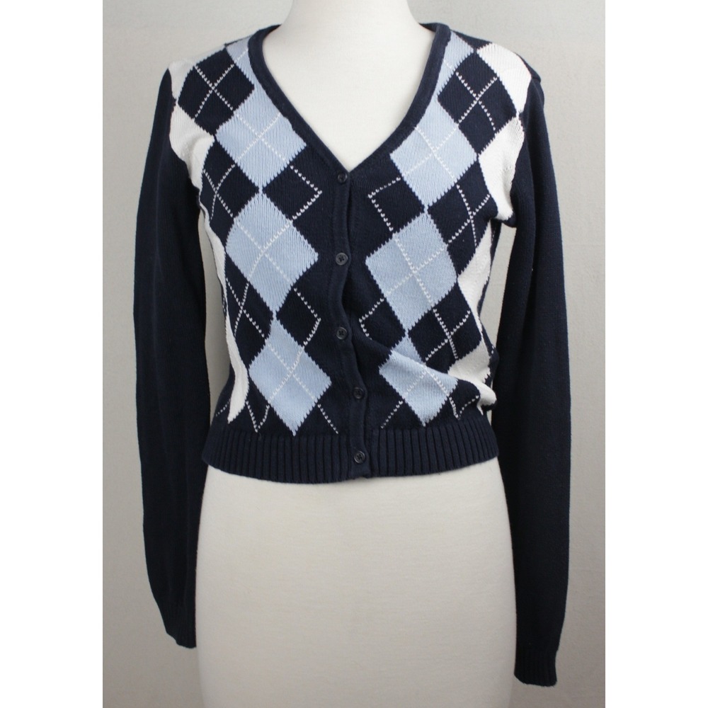 Brandy Melville Cropped Argyle Cardigan Preppy Coquette Navy Blue OS